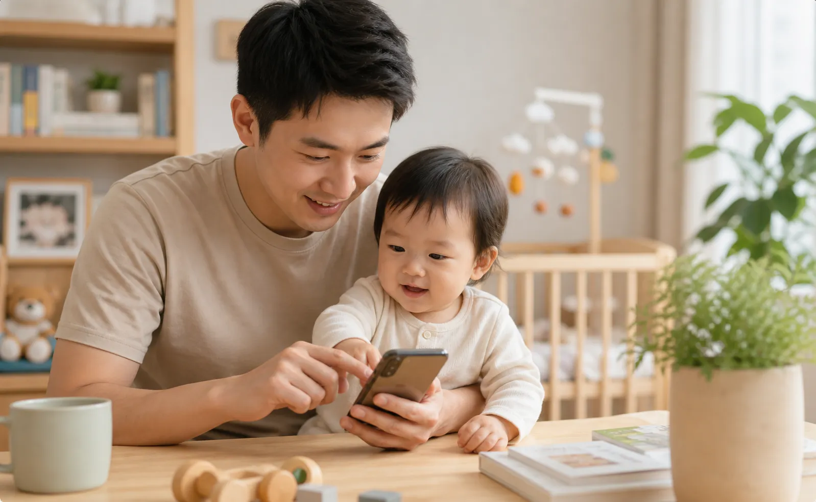 男性家長陪伴孩子使用微娃 App 的育兒場景展示